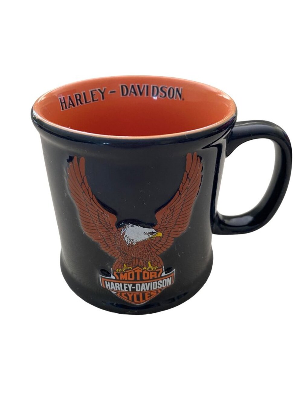 Harley Davidson Coffee Mug Embossed Eagle Soars 3D Logo Cup Black Orange ENCORE
